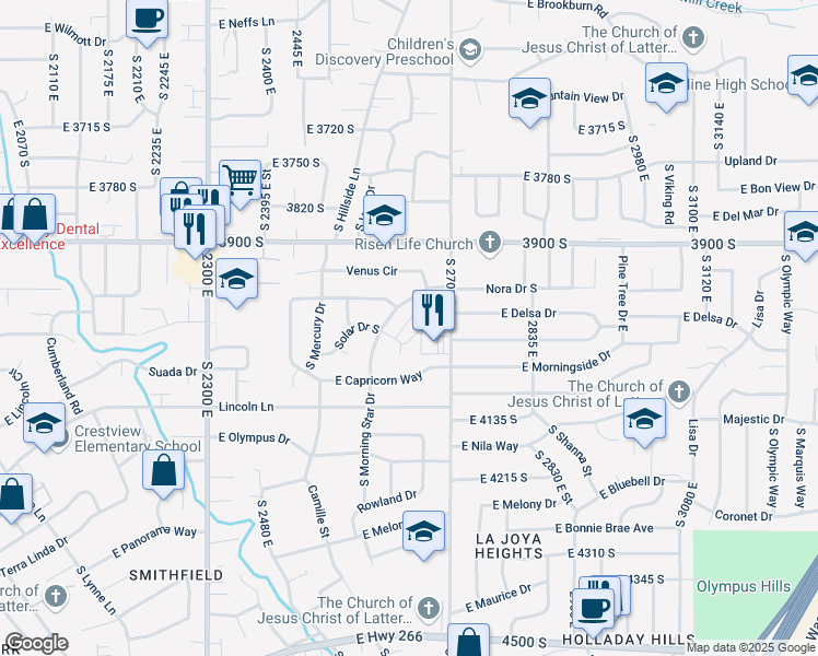 map of restaurants, bars, coffee shops, grocery stores, and more near 4016 South 2700 East in Holladay