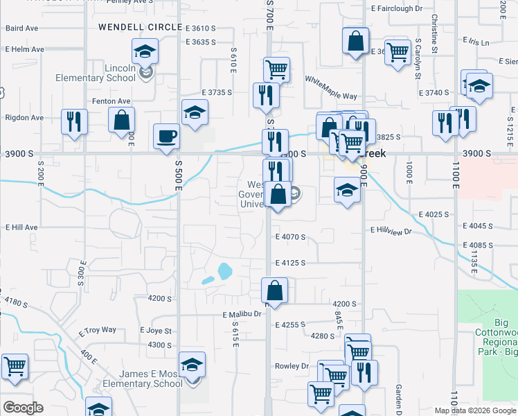 map of restaurants, bars, coffee shops, grocery stores, and more near 677 East 4025 South in Murray