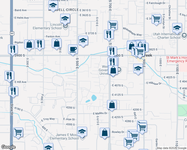 map of restaurants, bars, coffee shops, grocery stores, and more near 598 East 4010 South in Murray