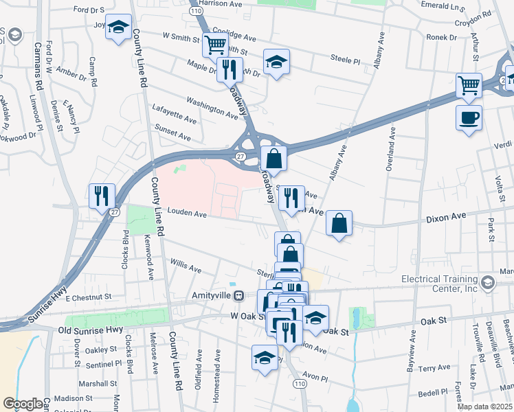 map of restaurants, bars, coffee shops, grocery stores, and more near 366 Broadway in Amityville