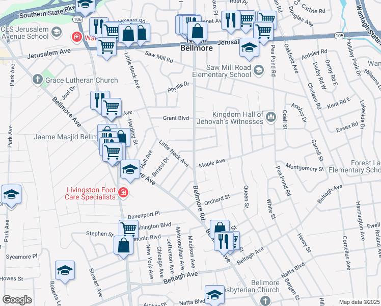 map of restaurants, bars, coffee shops, grocery stores, and more near 103 Herkimer Street in North Bellmore