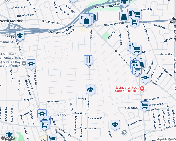 map of restaurants, bars, coffee shops, grocery stores, and more near 1438 Park Avenue in Merrick