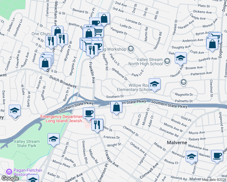 map of restaurants, bars, coffee shops, grocery stores, and more near 1024 Jerome Road in Franklin Square