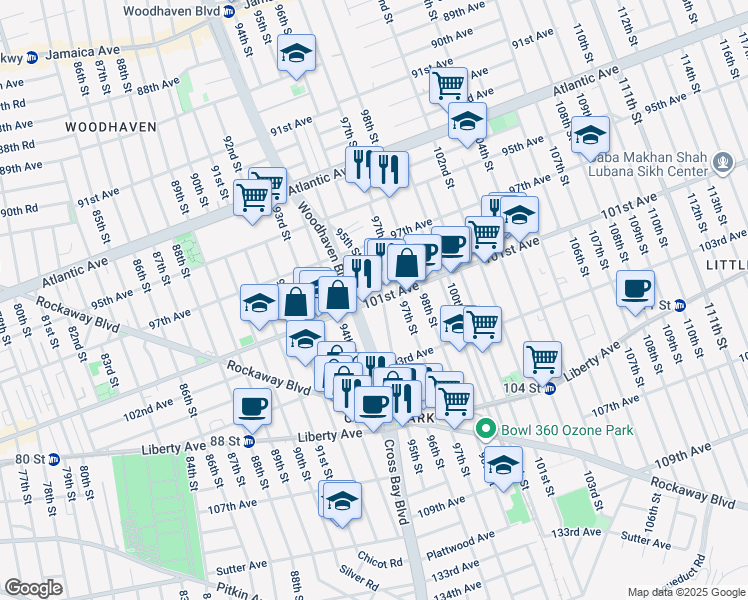 map of restaurants, bars, coffee shops, grocery stores, and more near 95-20A 101st Avenue in Queens