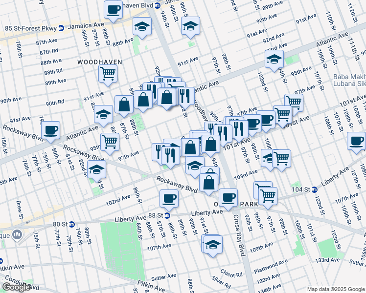 map of restaurants, bars, coffee shops, grocery stores, and more near 97-22 92nd Street in Queens