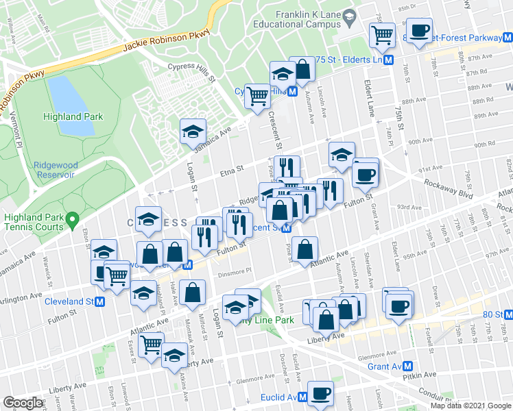 map of restaurants, bars, coffee shops, grocery stores, and more near 372 Ridgewood Avenue in Brooklyn