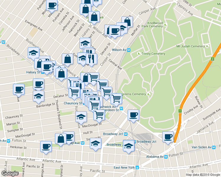 map of restaurants, bars, coffee shops, grocery stores, and more near 94 Pilling Street in Brooklyn