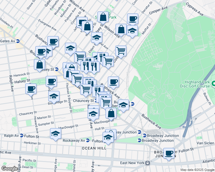 map of restaurants, bars, coffee shops, grocery stores, and more near 1408 Bushwick Avenue in Brooklyn