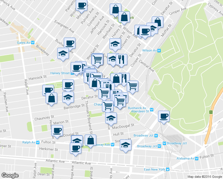 map of restaurants, bars, coffee shops, grocery stores, and more near 35 Cooper Street in Brooklyn