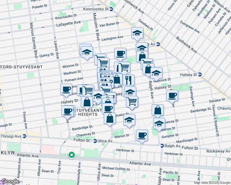 map of restaurants, bars, coffee shops, grocery stores, and more near 625 Halsey Street in Brooklyn