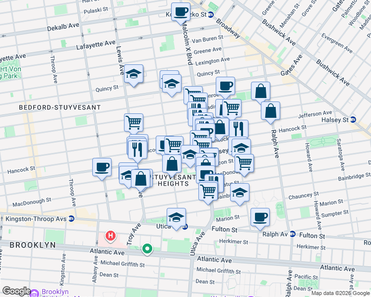 map of restaurants, bars, coffee shops, grocery stores, and more near 626 Hancock Street in Brooklyn
