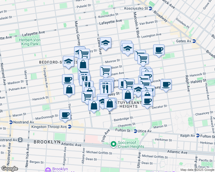 map of restaurants, bars, coffee shops, grocery stores, and more near 327 Lewis Avenue in Brooklyn