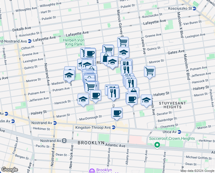 map of restaurants, bars, coffee shops, grocery stores, and more near 521 Throop Avenue in Brooklyn