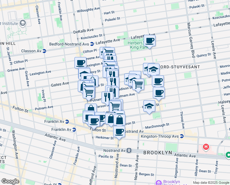map of restaurants, bars, coffee shops, grocery stores, and more near 224 Madison Street in Brooklyn
