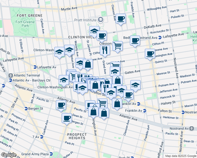 map of restaurants, bars, coffee shops, grocery stores, and more near 108 Gates Avenue in Brooklyn