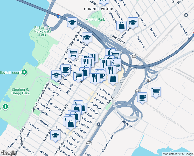 map of restaurants, bars, coffee shops, grocery stores, and more near 13 West 52nd Street in Bayonne