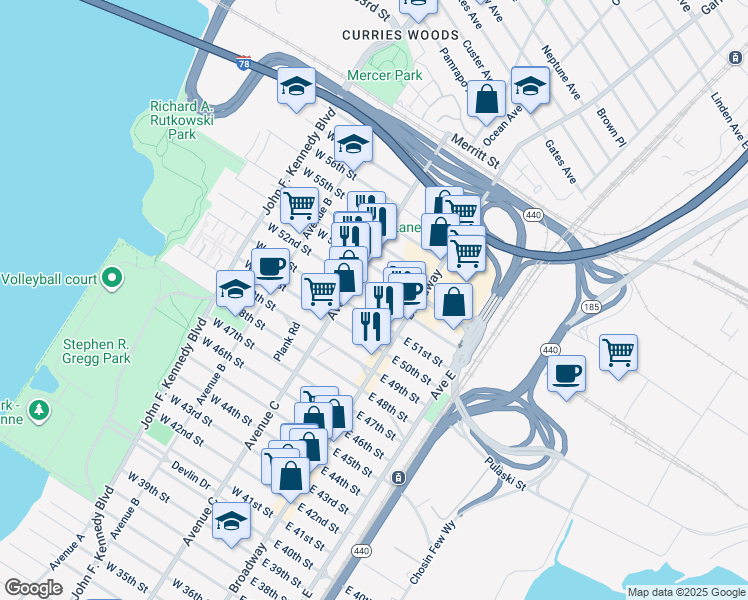map of restaurants, bars, coffee shops, grocery stores, and more near 40 West 52nd Street in Bayonne