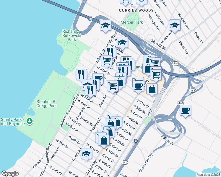 map of restaurants, bars, coffee shops, grocery stores, and more near 90 West 50th Street in Bayonne