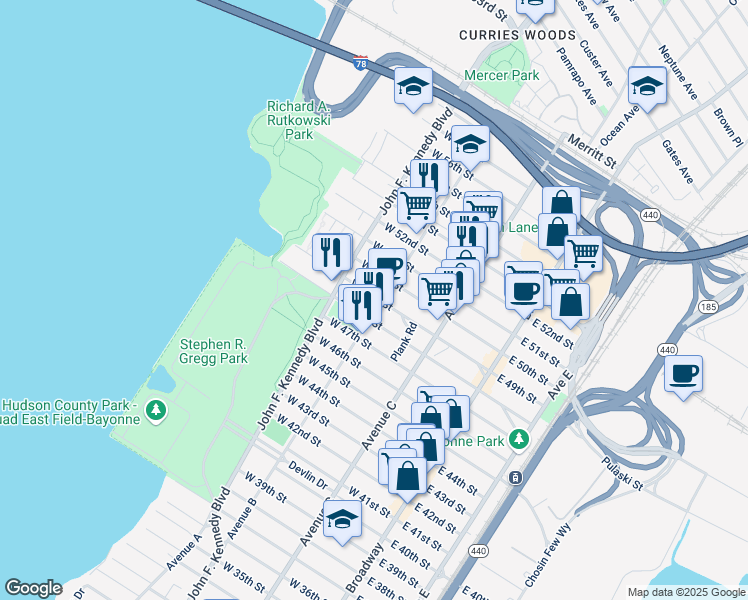 map of restaurants, bars, coffee shops, grocery stores, and more near 217 Avenue B in Bayonne