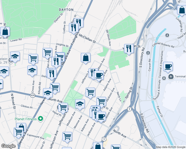 map of restaurants, bars, coffee shops, grocery stores, and more near 1012 Madison Avenue in Elizabeth
