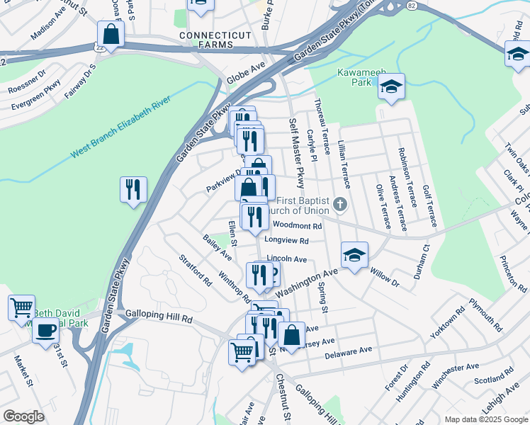 map of restaurants, bars, coffee shops, grocery stores, and more near 223 Colonial Avenue in Union