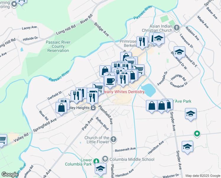 map of restaurants, bars, coffee shops, grocery stores, and more near 465 Springfield Avenue in Berkeley Heights
