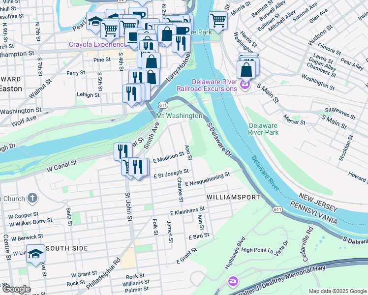 map of restaurants, bars, coffee shops, grocery stores, and more near 155 Ann Street in Easton