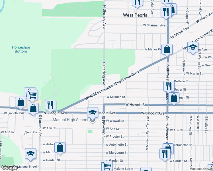 map of restaurants, bars, coffee shops, grocery stores, and more near 410 South Sterling Avenue in Peoria