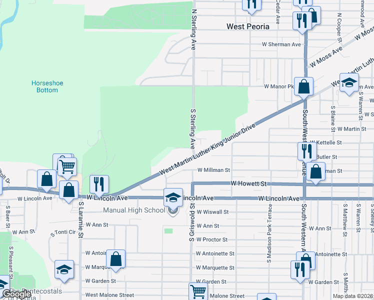 map of restaurants, bars, coffee shops, grocery stores, and more near 410 South Sterling Avenue in Peoria