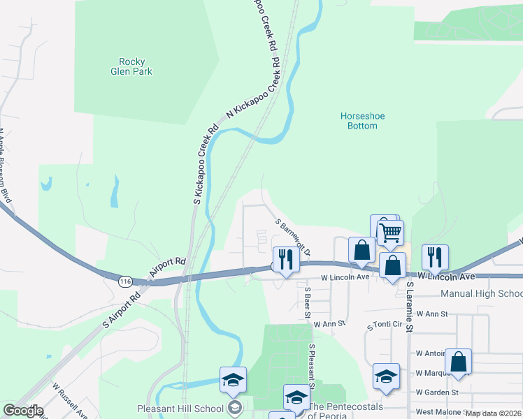map of restaurants, bars, coffee shops, grocery stores, and more near 416 South Hillsdale Avenue in Peoria