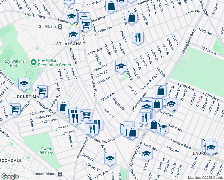 map of restaurants, bars, coffee shops, grocery stores, and more near 121-47 Grayson Street in Queens