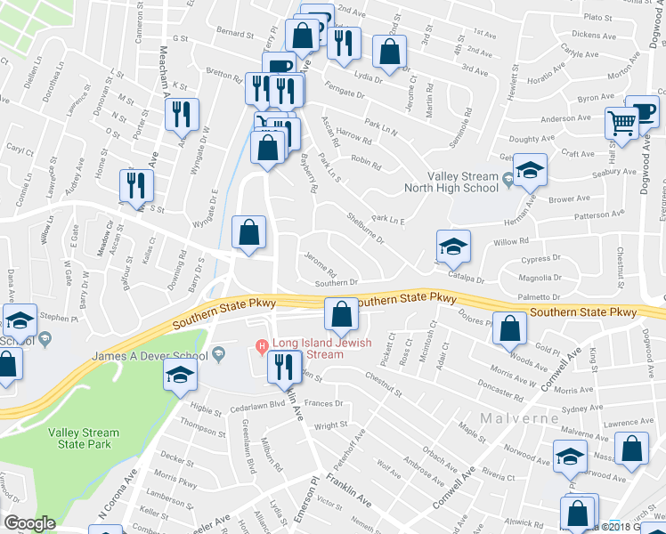 map of restaurants, bars, coffee shops, grocery stores, and more near 1024 Jerome Road in Franklin Square