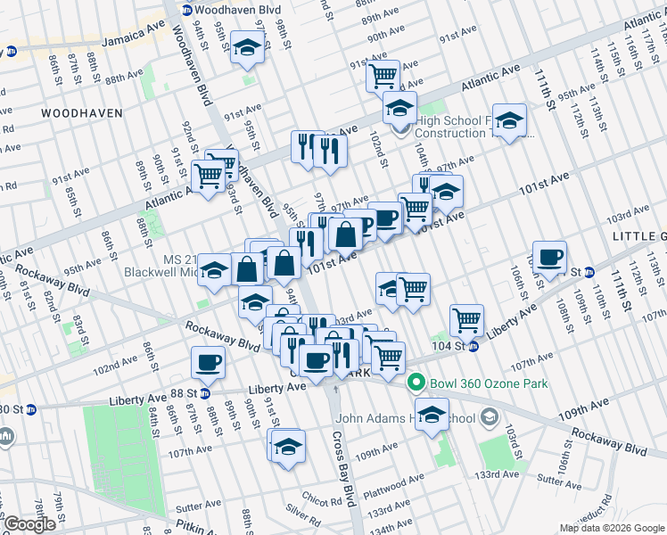 map of restaurants, bars, coffee shops, grocery stores, and more near 95-20A 101st Avenue in Queens