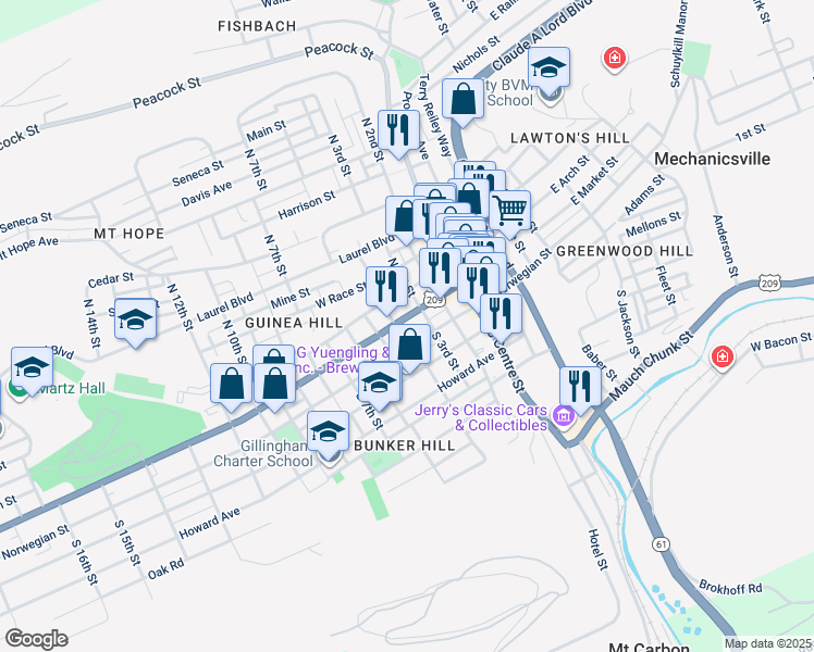 map of restaurants, bars, coffee shops, grocery stores, and more near 501 West Market Street in Pottsville