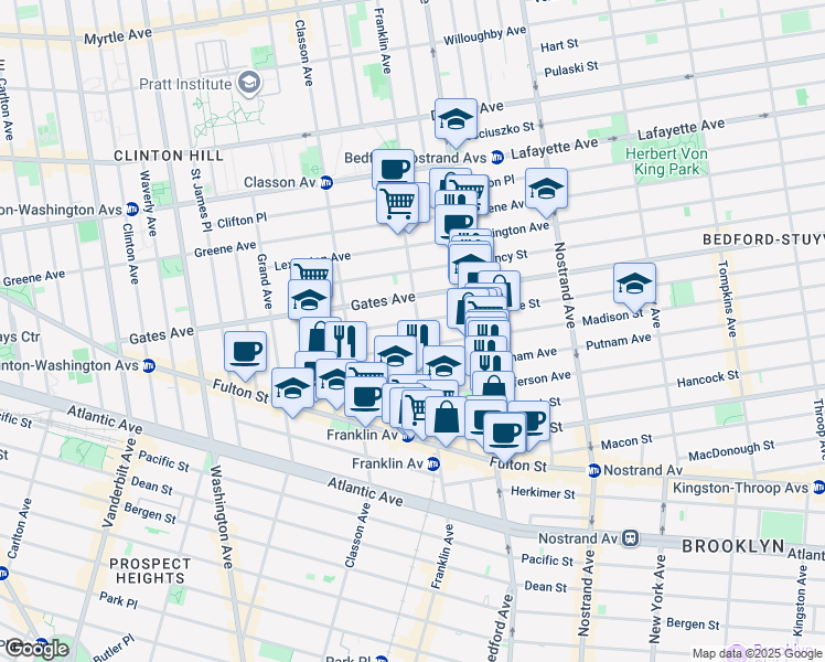 map of restaurants, bars, coffee shops, grocery stores, and more near 421 Franklin Avenue in Brooklyn