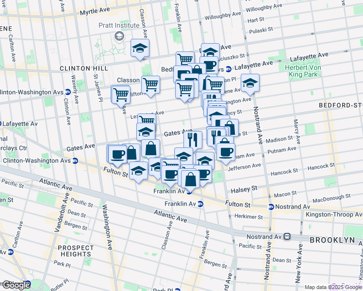 map of restaurants, bars, coffee shops, grocery stores, and more near 44 Monroe Street in Brooklyn