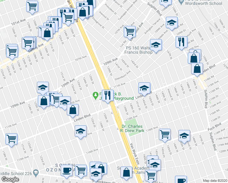 map of restaurants, bars, coffee shops, grocery stores, and more near 111-11 Van Wyck Expressway in Queens