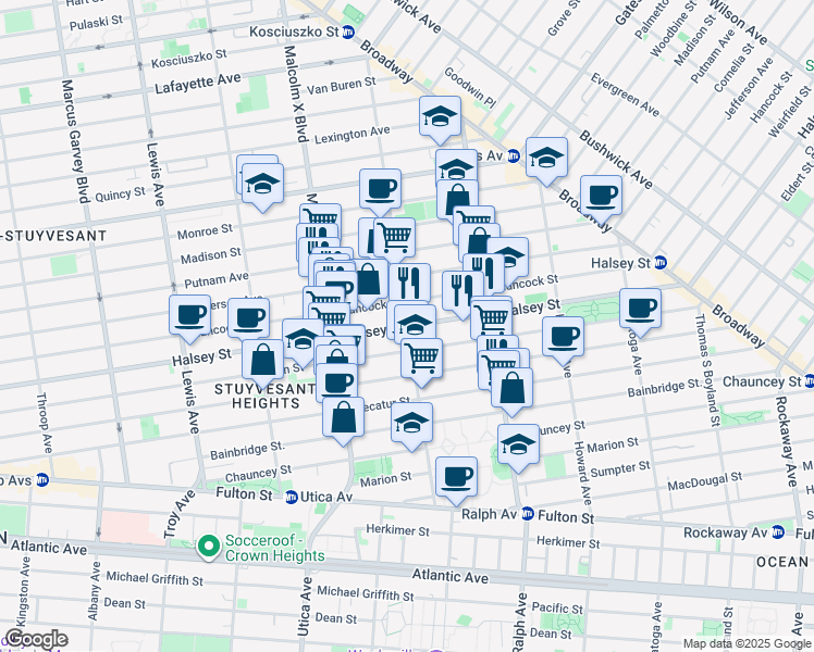 map of restaurants, bars, coffee shops, grocery stores, and more near Halsey St & Patchen Ave in Brooklyn