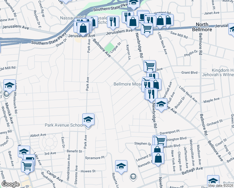 map of restaurants, bars, coffee shops, grocery stores, and more near 2310 Garfield Street in North Bellmore