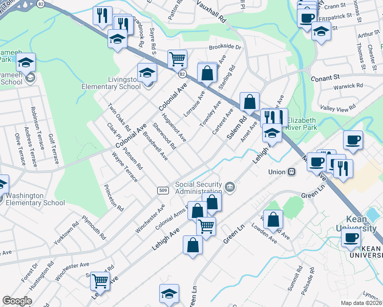 map of restaurants, bars, coffee shops, grocery stores, and more near 328 Huguenot Avenue in Union