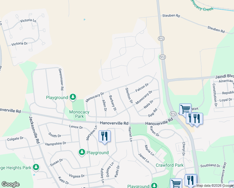 map of restaurants, bars, coffee shops, grocery stores, and more near 5225 Harriet Ln in Bethlehem