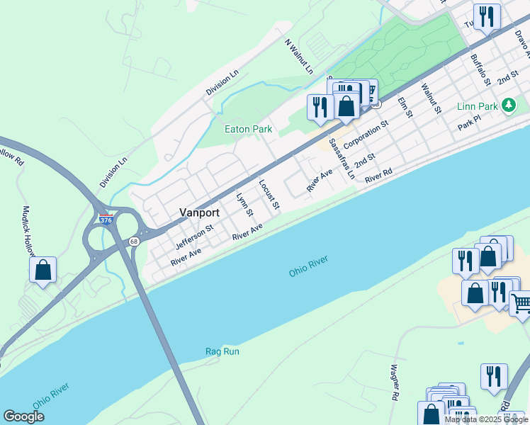 map of restaurants, bars, coffee shops, grocery stores, and more near 115 Oak Street in Beaver