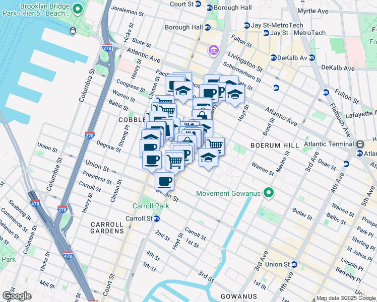 map of restaurants, bars, coffee shops, grocery stores, and more near 214 Smith Street in Brooklyn