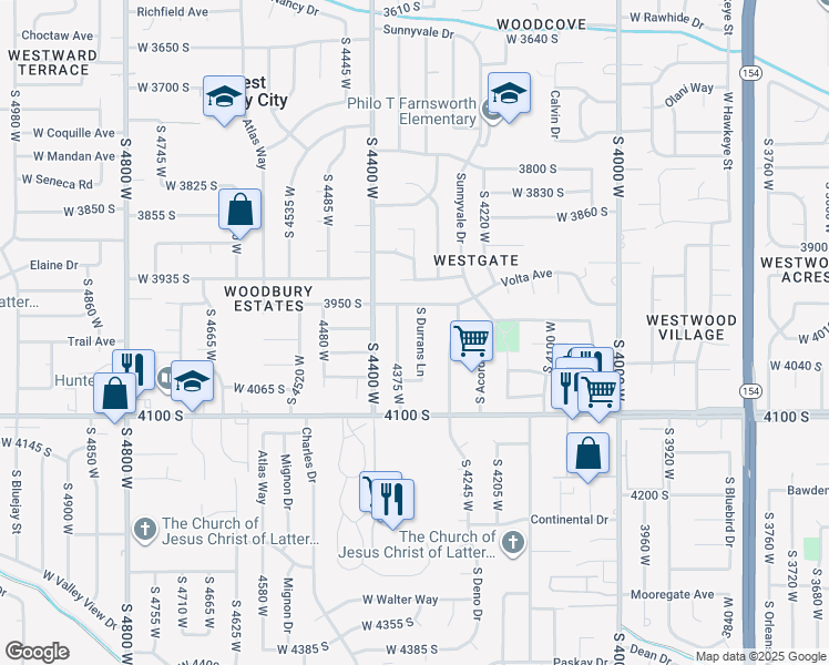 map of restaurants, bars, coffee shops, grocery stores, and more near 3980 South Durrans Lane in Salt Lake City