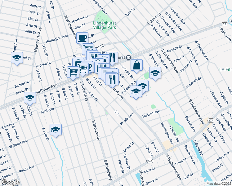 map of restaurants, bars, coffee shops, grocery stores, and more near 277 South Wellwood Avenue in Lindenhurst