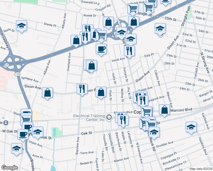 map of restaurants, bars, coffee shops, grocery stores, and more near 33 Dixon Avenue in Copiague