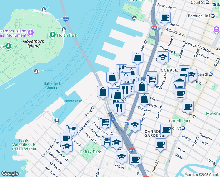 map of restaurants, bars, coffee shops, grocery stores, and more near 29 President Street in Brooklyn