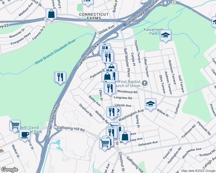 map of restaurants, bars, coffee shops, grocery stores, and more near 516 County Route 619 in Union