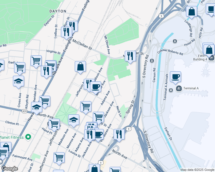 map of restaurants, bars, coffee shops, grocery stores, and more near 1074 Neck Lane in Elizabeth