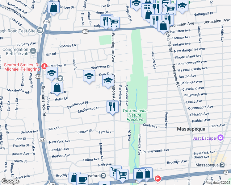 map of restaurants, bars, coffee shops, grocery stores, and more near 1607 Washington Avenue in Seaford